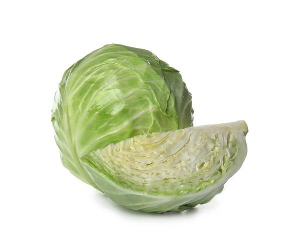 Whole and sliced cabbages on white background. Healthy food - 写真・画像