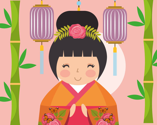Ιαπωνικά kokeshi κούκλα κιμονό φυτά κοστούμι εικονογράφηση διάνυσμα Κινέζικα Φανάρια - Διάνυσμα, εικόνα