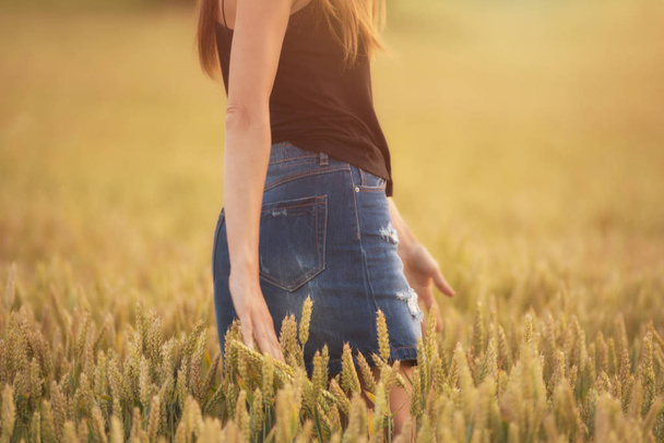 Woman enjoy sunset in wheat field - Photo, Image