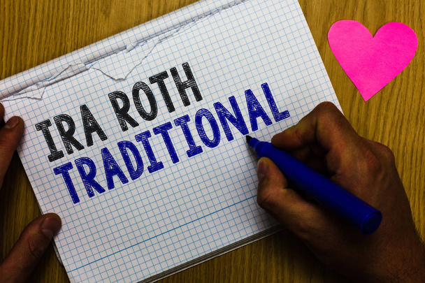 Handwriting text Ira Roth Traditional. Concept meaning are tax deductible on both state and federal Paper register multiline text pen handwriting love heart table background - Фото, изображение