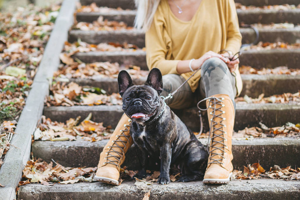 彼女の愛らしいフレンチ ブルドッグの子犬と秋の公園で楽しんでいるブロンドの女性.  - 写真・画像