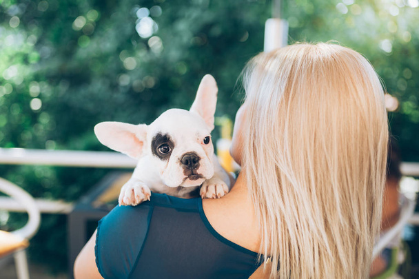 Young woman enjoying in a cafeteria keeping adorable French bulldog puppy  - Photo, Image