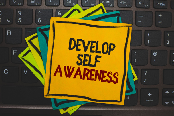 Word writing text Develop Self Awareness. Business concept for increase conscious knowledge of own character Multiple colour sticky border cards computer keyboard text send message - Photo, Image
