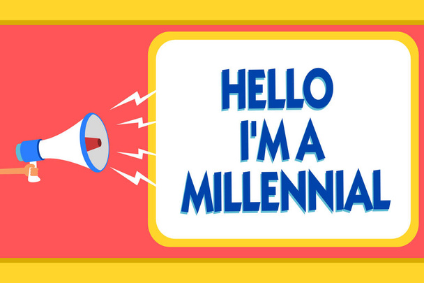 Signo de texto que muestra Hello I am A Millennial. Foto persona conceptual que llega a la edad adulta joven en el siglo actual Mensaje señales de advertencia altavoces de sonido capital alarmante transmitir informes
 - Foto, Imagen
