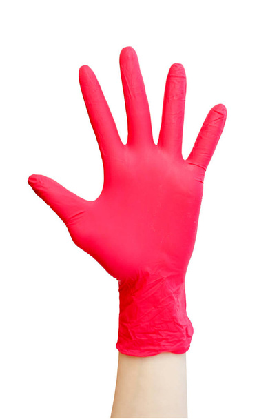 Sign made of red medical gloves. Fingers symbol five. Isolated on white. Healthy, vitamins, vaccination, afraid of injections, medical store, pharmacy, recovery, proper nutrition concept - Photo, Image