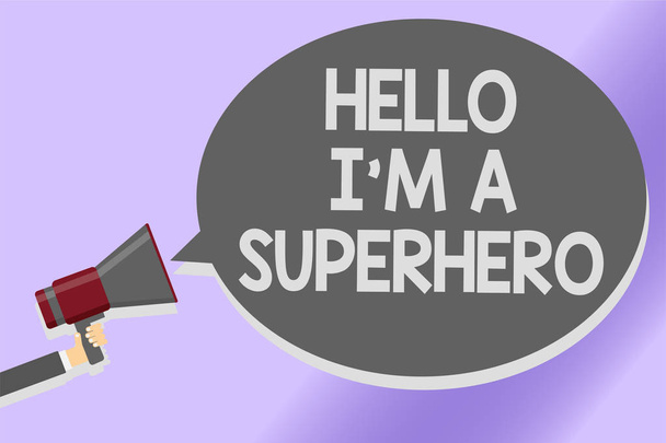 Feljegyzés mutatja Hello én vagyok A szuperhős. Üzleti fénykép bemutató hinni magadban önbizalom bevezetése Sound hangsugárzó bejelentés állapítsa meg a sorok script szöveges üzenetek ötletek - Fotó, kép