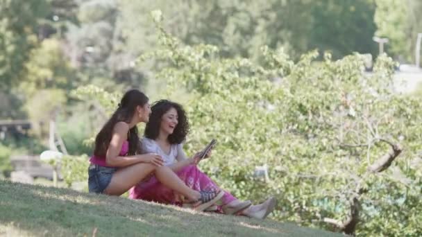 glückliche und unbeschwerte Freunde auf dem Rasen mit digitalem Tablet - Filmmaterial, Video