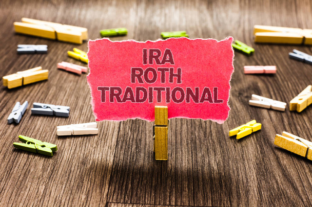 Conceptual hand writing showing Ira Roth Traditional. Business photo text are tax deductible on both state and federal Clips spread woody table learn study things class schooling - Foto, imagen