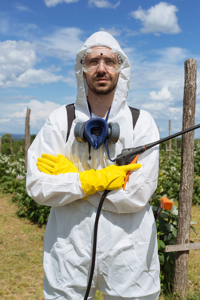 Agriculture pest control - Worker in protective workwear in weed control and spraying ambrosia on field.  - Fotó, kép