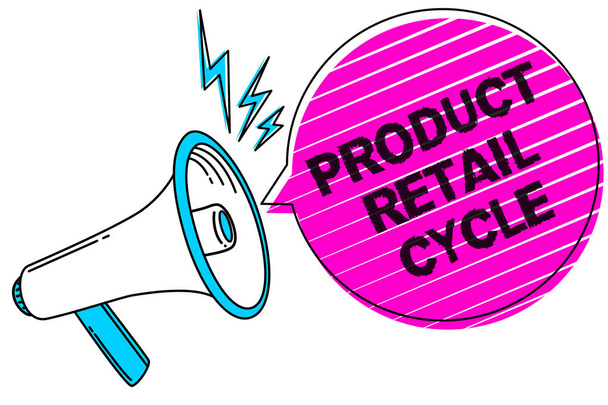 Writing note showing Product Retail Cycle. Business photo showcasing as brand progresses through sequence of stages Sound speaker make announcement declare messages social network ideas - Photo, Image