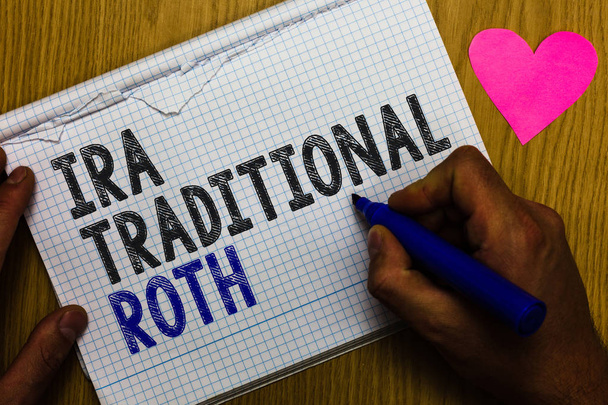 Handwriting text Ira Traditional Roth. Concept meaning are tax deductible on both state and federal Paper register multiline text pen handwriting love heart table background - Valokuva, kuva