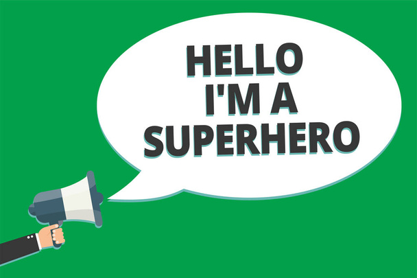 手書きテキストこんにちは私はスーパー ヒーロー。自分自信の紹介メッセージ アイデア情報テキスト公共スピーカー緑平面背景を信じることを意味概念 - 写真・画像