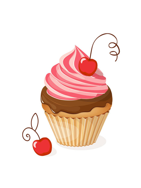 Realistic isolated colorful cupcake with cherry on the white background. Vector illustration for tea party invitation or birthday card, sweet menu of the restaurant, cafeteria, bakery cafe or shop. eps10 - Vector, Image