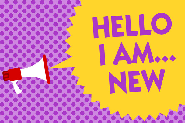 Writing note showing Hello I Am... New. Business photo showcasing Introduce yourself Meeting Greeting Work Fresh worker School Multiline text purple bubble pattern design announce messages ideas - Photo, Image