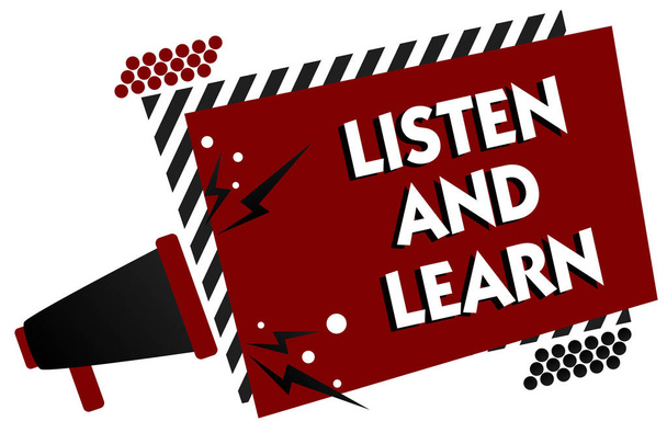 Conceptual hand writing showing Listen And Learn. Business photo text Pay attention to get knowledge Learning Education Lecture Multiple text pattern red rectangle plate sound speaker design - Photo, Image
