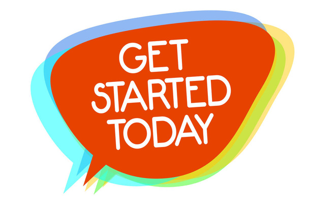 Conceptual hand writing showing Get Started Today. Business photo showcasing lets do it Dont hesitate Now or never Get going No delay Multiline text layer design pattern red background think - Photo, Image