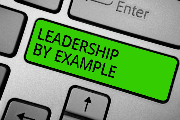 Word writing text Leadership By Example. Business concept for Becoming role model for people Have great qualities Keyboard green button hit key typing work use computer program software - Photo, Image
