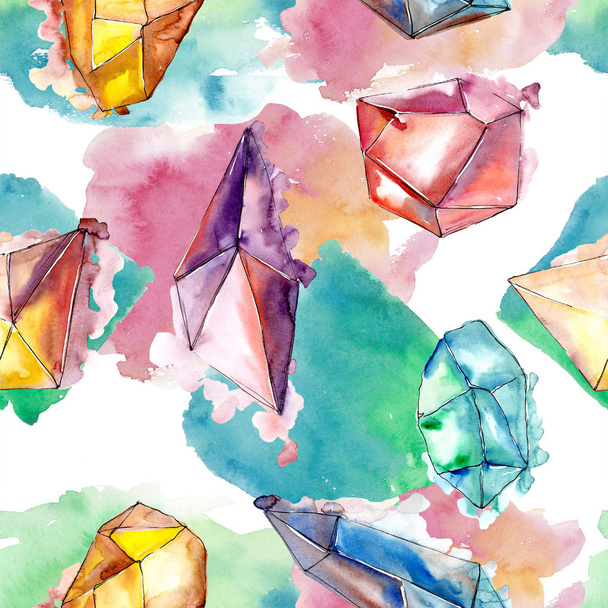 Colorful diamond rock jewelry mineral. Seamless background pattern. Fabric wallpaper print texture. Geometric quartz polygon crystal stone mosaic shape amethyst gem. - Фото, изображение