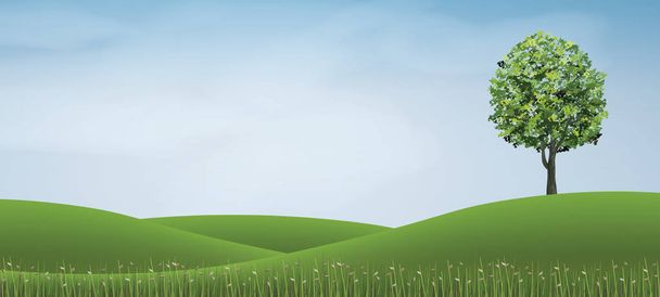 Arbre en herbe verte zone de colline avec ciel bleu. Fond abstrait parc et extérieur pour idée de paysage. Utilisez pour l'article naturel à la fois sur papier et site Web. Illustration vectorielle
. - Vecteur, image