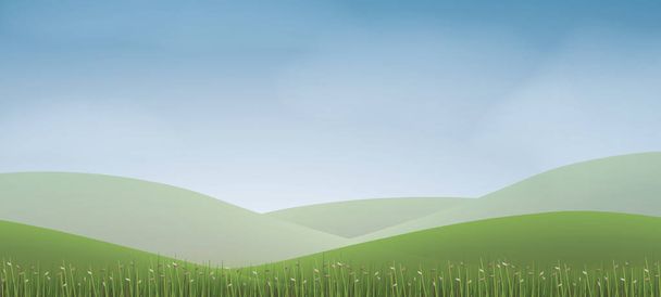 grüne Grashügel mit blauem Himmel. abstrakter Hintergrund Park und Outdoor für Landschaftsidee. Verwendung für natürliche Artikel sowohl in Print als auch auf der Website. Vektorillustration. - Vektor, Bild