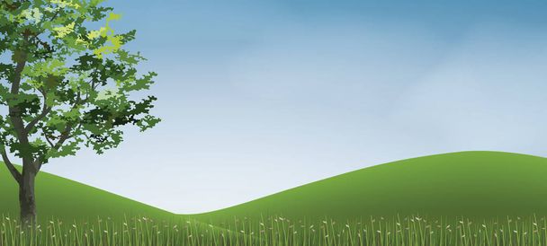 青空と緑の草の丘地区の木。抽象的な背景の公園と屋外風景のアイデア。自然資料印刷と web サイトの両方に使用します。ベクトル図. - ベクター画像