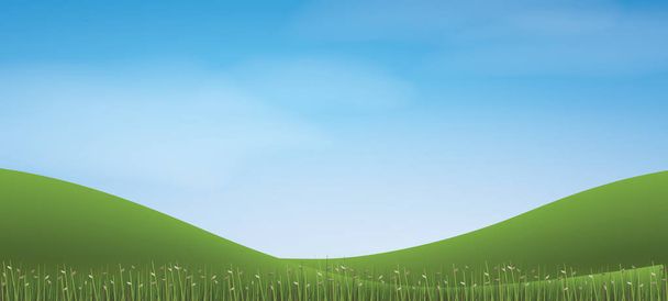 grüne Grashügel mit blauem Himmel. abstrakter Hintergrund Park und Outdoor für Landschaftsidee. Verwendung für natürliche Artikel sowohl in Print als auch auf der Website. Vektorillustration. - Vektor, Bild