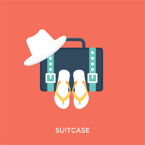 A locked suitcase with hat and casual sandals conceptualizing suitcase for travel and vacation  - Vektor, kép