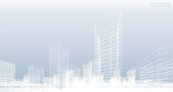 Absztrakt wireframe városi háttér. Perspektíva 3D renderelése épület drótkeret. Vektorillusztráció. - Vektor, kép
