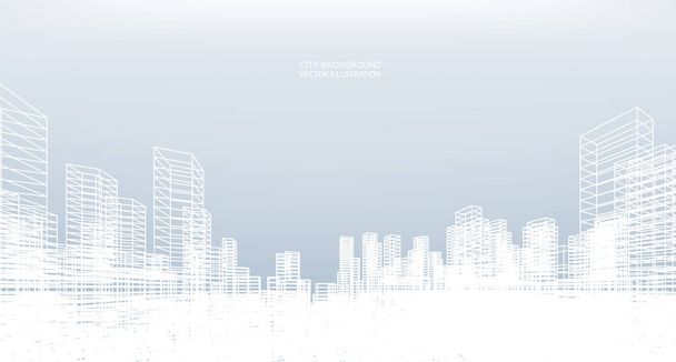 抽象的なワイヤーフレーム都市の背景。パースペクティブ建物のワイヤーフレームの3Dレンダリング。ベクターイラスト. - ベクター画像