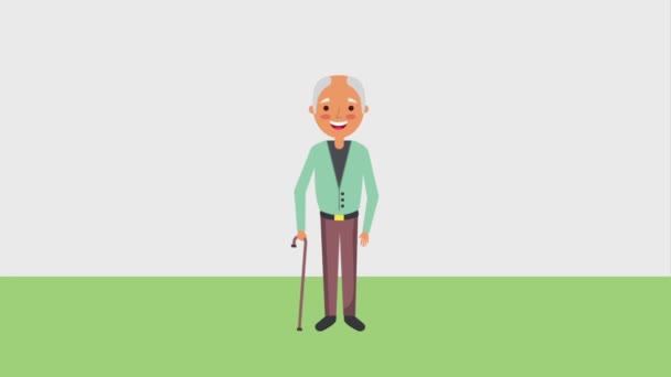 elderly bald man with walking stick - Footage, Video