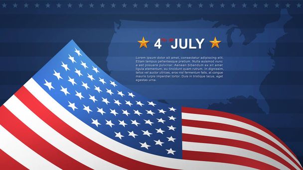 Antecedentes del 4 de julio para USA (Estados Unidos de América) Día de la Independencia con fondo azul y bandera estadounidense. Ilustración vectorial. - Vector, imagen