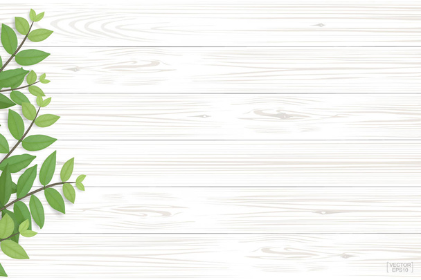 木の板パターンと自然な背景の緑の葉を持つテクスチャー。製品のプレゼンテーションのための抽象的な背景。現実的なベクトル図. - ベクター画像