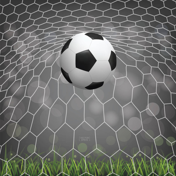Fußball-Ball im Fußballtor mit leicht verschwommenem Bokeh-Hintergrund. Vektorillustration. - Vektor, Bild