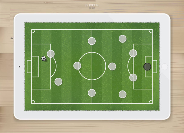 Tácticas de formación de partidos de fútbol en pantalla táctil fondo tableta con textura de madera. Posición de planificación para el entrenador. Ilustración vectorial
. - Vector, Imagen
