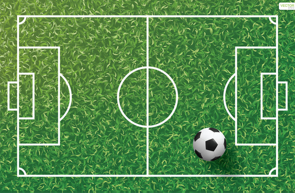 Foci futball labda zöld fű focipálya vonal minta és a fű textúra háttérrel. Vektoros illusztráció. - Vektor, kép