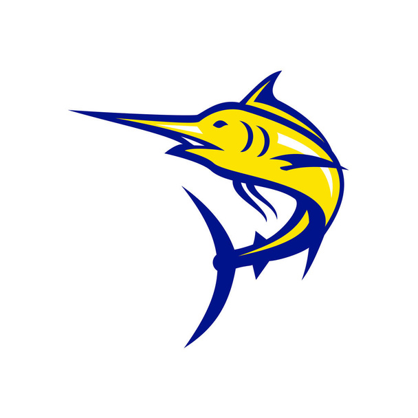 Maskottchen-Symbol Illustration eines blauen Marlin oder Segelfisch springen aus einem niedrigen Winkel auf isoliertem Hintergrund im Retro-Stil betrachtet. - Vektor, Bild