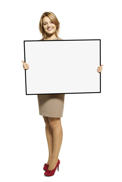 Attractive Woman Holding Up a Blank Sign - Fotoğraf, Görsel