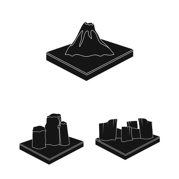 Mountains, massive black icons in set collection for design. The surface of the earth vector isometric symbol stock web illustration. - Vecteur, image