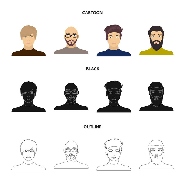Az arc, egy kopasz ember a szemüveg és a szakáll, a szakállas férfi, a megjelenése egy srác egy frizurát. Arc és a megjelenése állítsa be ikonok gyűjtemény raktáron rajzfilm, fekete, vázlat stílusú vektor szimbólum - Vektor, kép