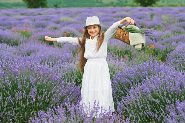 tyttö on laventeli alalla, kaunis muotokuva, valkoinen mekko, kesämaisema
 - Valokuva, kuva