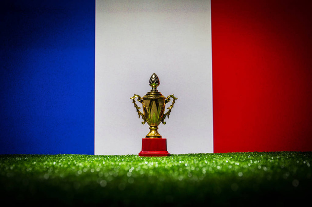 Флаг Франции, кубок золотого чемпиона на траве. Концептуальный спорт. Селективный фокус
 - Фото, изображение