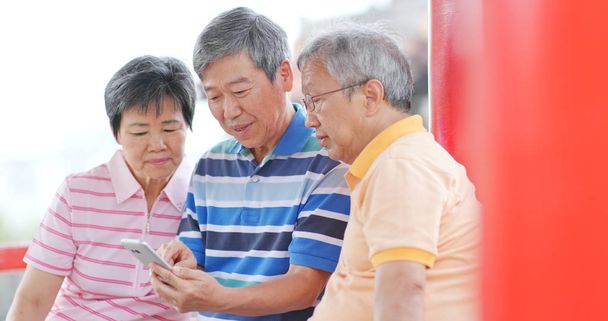 Vecchi amici anziani che usano il telefono cellulare al parco all'aperto
 - Foto, immagini