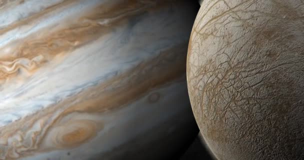 Satelitní Europa a planeta Jupiter v rotaci v kosmickém prostoru - Záběry, video