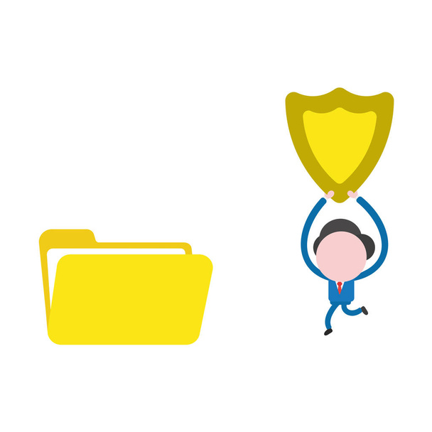 Векторная иллюстрация Персонаж бизнесмена, работающий и несущий защитный щит для открытия папки файла
. - Вектор,изображение