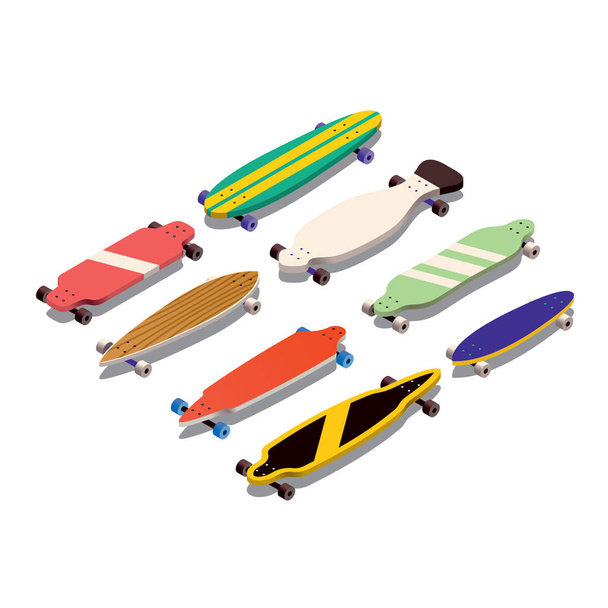 Vektor isometrische Sammlung, Gruppe, Satz Skateboards isoliert auf weißem Bakcgorund. 3D-Skateboard-Vorlage. - Vektor, Bild