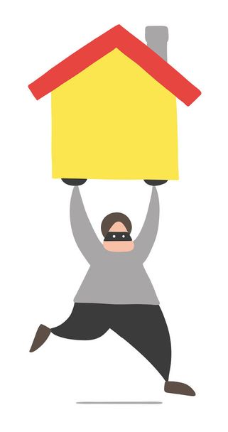 Vector illustration cartoon thief man with face masked running and carrying house. - Vector, Image