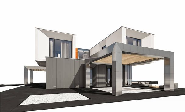 3D vykreslování moderní útulný dům u řeky s garáží na prodej nebo k pronájmu. Izolované na bílém. - Fotografie, Obrázek