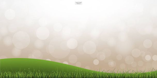 Zelený travnatý kopec s rozmazaným bokeh pozadím. Venkovní abstraktní pozadí. Vektorová ilustrace. - Vektor, obrázek