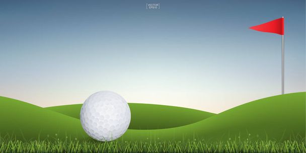 Golfový míček na zeleném kopci golfového hřiště se západem slunce pozadí oblohy. Vektorová ilustrace. - Vektor, obrázek