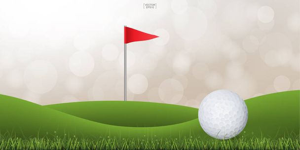 Golfball auf dem grünen Hügel des Golfplatzes mit leicht verschwommenem Bokeh-Hintergrund. Vektorillustration. - Vektor, Bild